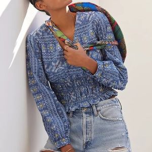 NWOT Anthropologie Forever That Girl Embroidered Smocked Waist Top Size M